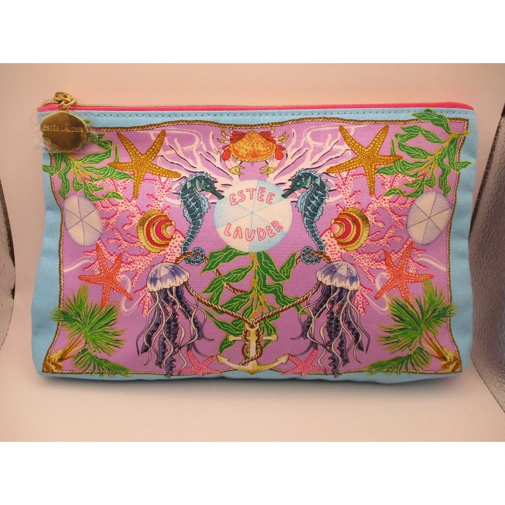 Estee Lauder‎ Ruben Toledo Tropical Parrot Makeup Bag Blue White Floral Cosmetic